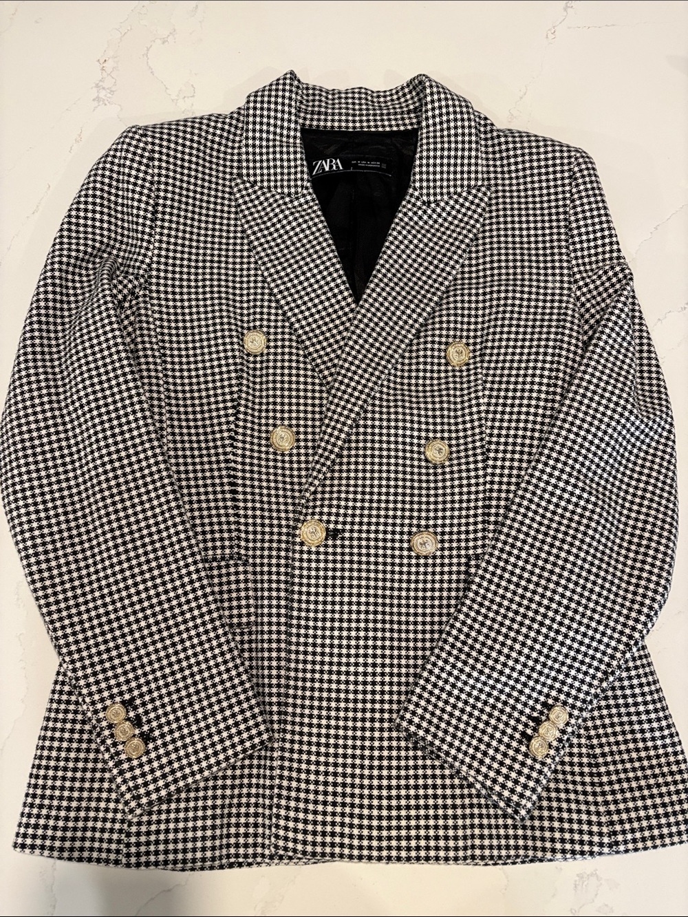Zara Black & White Houndstooth Double-Breasted Shoulder Pad Blazer Size Medium